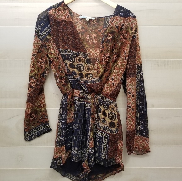 {S} Francesca's Cecico Patchwork Shorts Romper - Picture 1 of 8